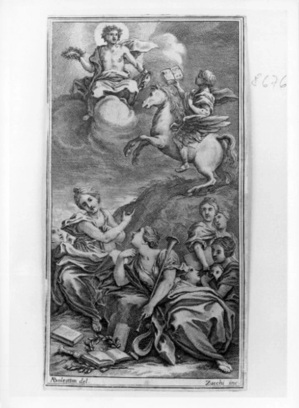 Poeta a cavallo di Pegaso presenta la sua opera ad Apollo